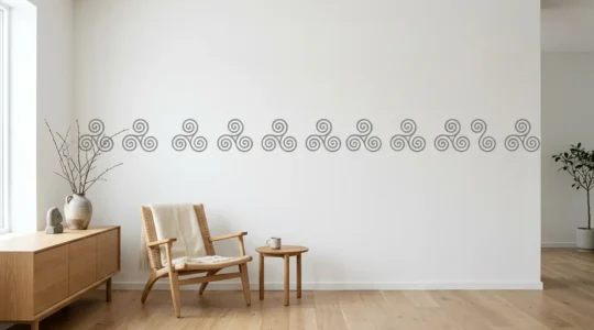 Motifs celtiques géométriques intégrés dans une frise murale épurée pour une décoration intérieure contemporaine