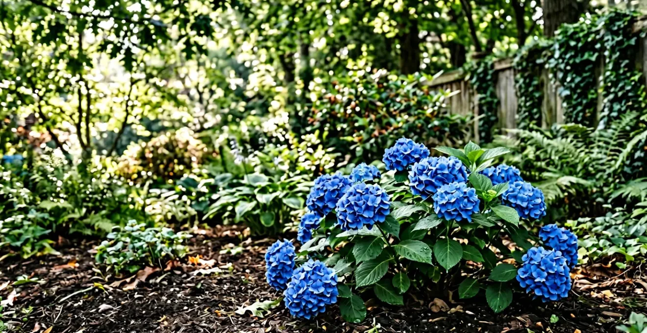 Hortensias bleus éclatants dans un jardin avec un sol correctement acidifié