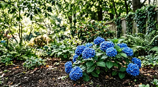 Hortensias bleus éclatants dans un jardin avec un sol correctement acidifié