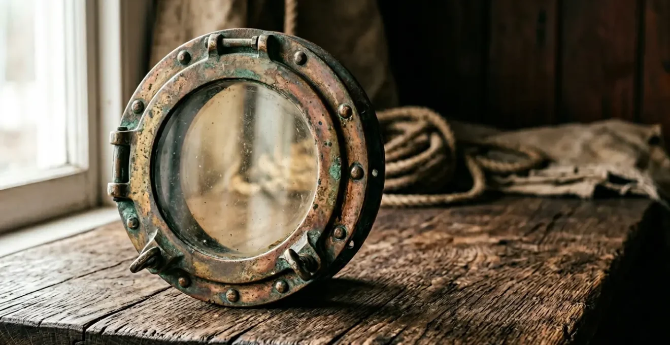 Hublot de bateau en laiton ancien avec patine naturelle dans un intérieur de décoration maritime