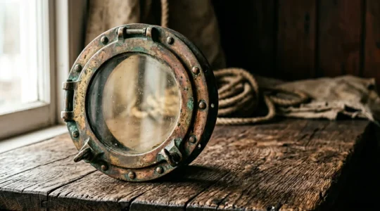Hublot de bateau en laiton ancien avec patine naturelle dans un intérieur de décoration maritime