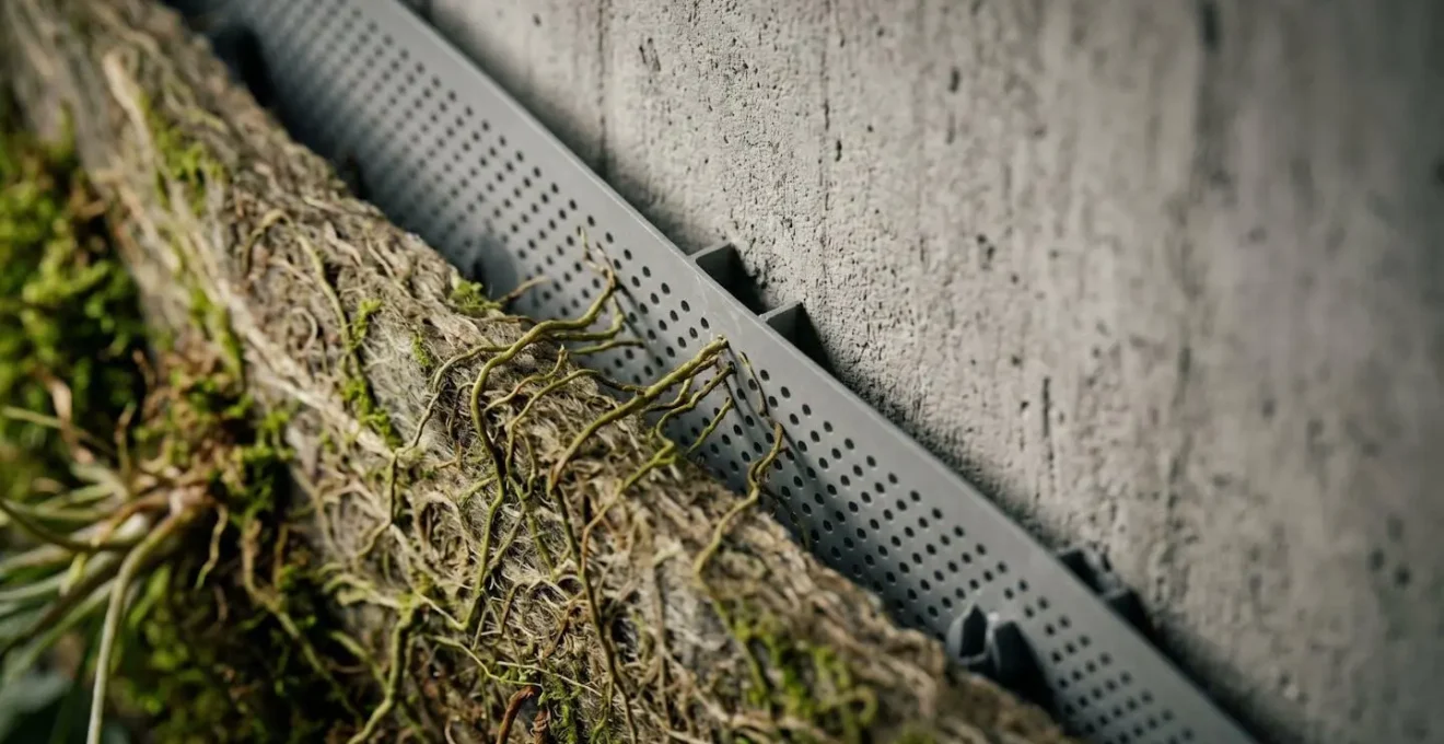 Gros plan sur la structure d'un mur végétal intérieur montrant les couches d'étanchéité et la circulation d'air