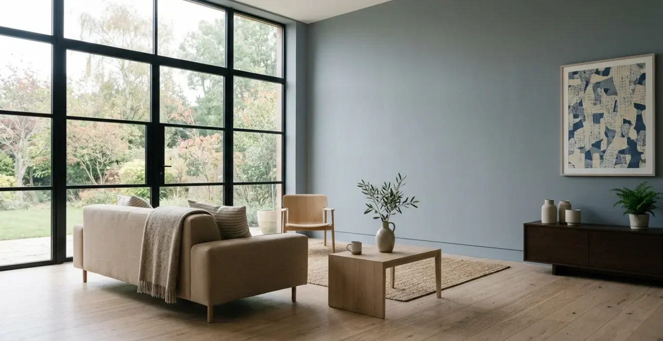 Salon moderne aux murs bleu grisé avec lumière naturelle et ambiance sereine