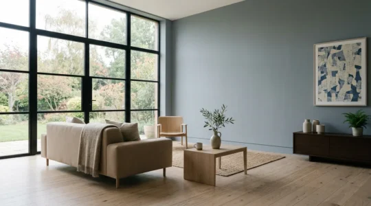 Salon moderne aux murs bleu grisé avec lumière naturelle et ambiance sereine