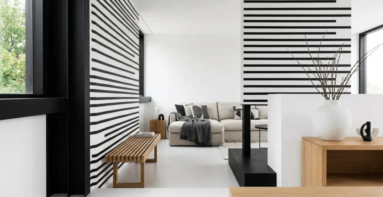 Décoration intérieure moderne aux tons noir et blanc inspirée du Gwenn Ha Du, ambiance graphique épurée avec motifs contrastés