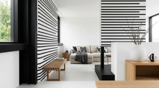 Décoration intérieure moderne aux tons noir et blanc inspirée du Gwenn Ha Du, ambiance graphique épurée avec motifs contrastés
