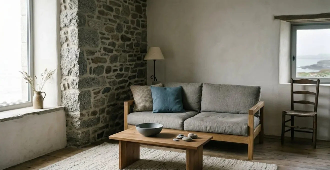 Intérieur au style insulaire inspiré d'Ouessant avec murs en pierre naturelle, mobilier bas et matières brutes