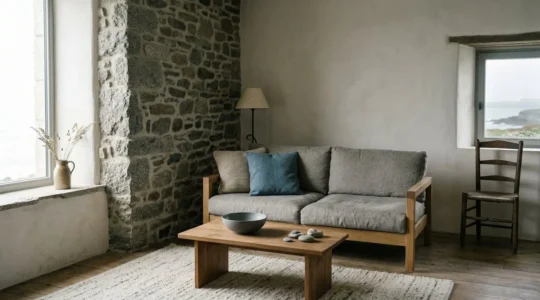 Intérieur au style insulaire inspiré d'Ouessant avec murs en pierre naturelle, mobilier bas et matières brutes