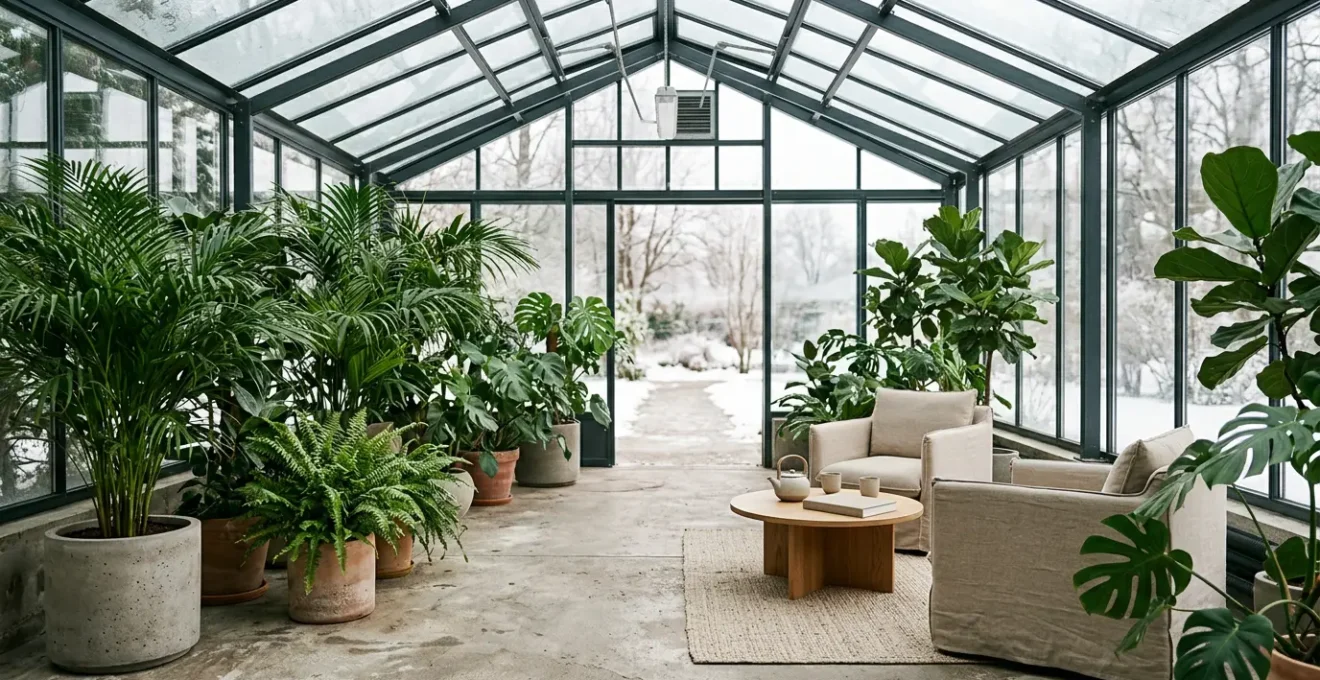 Véranda jardin d'hiver spacieuse et lumineuse avec végétation abondante et mobilier confortable