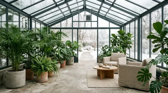 Véranda jardin d'hiver spacieuse et lumineuse avec végétation abondante et mobilier confortable