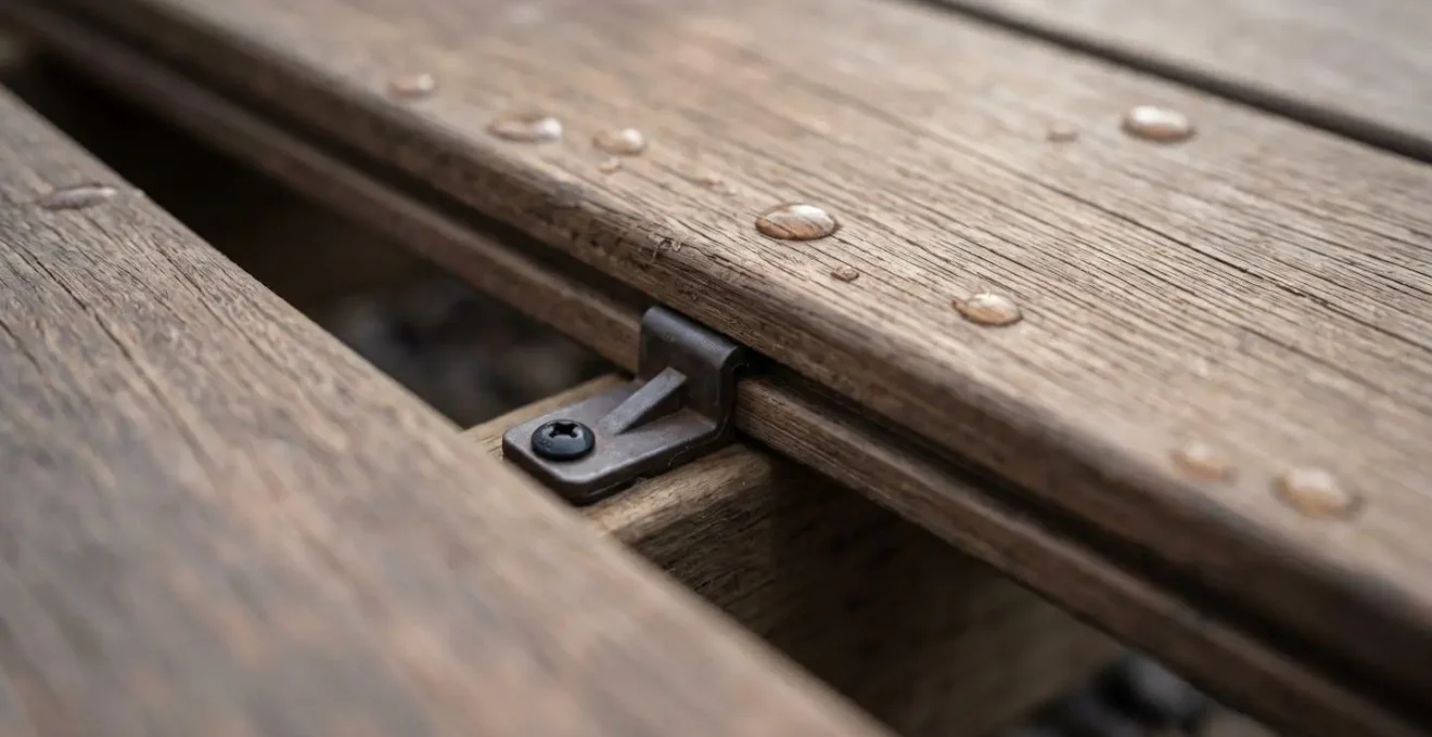 Gros plan sur les détails de pose d'une terrasse en bois montrant l'espacement entre lames et la pente de drainage