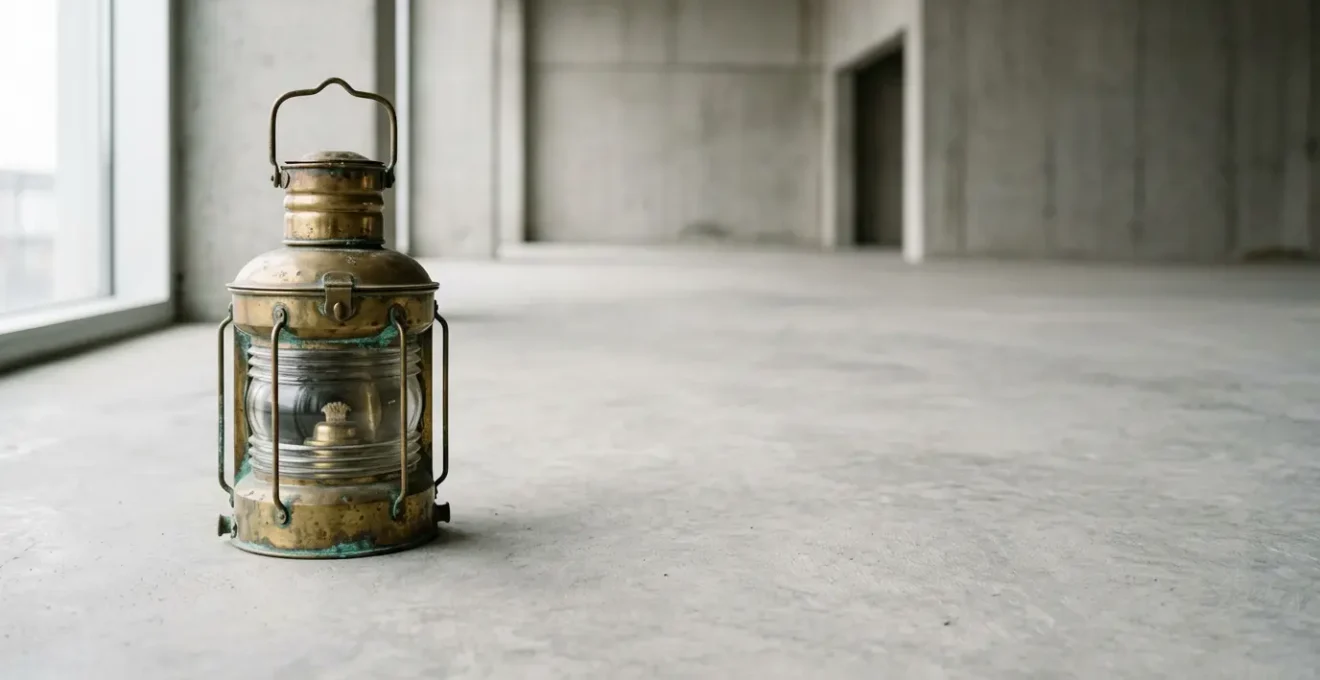 Lampe de navire antique en laiton massif avec détails patinés sur fond neutre