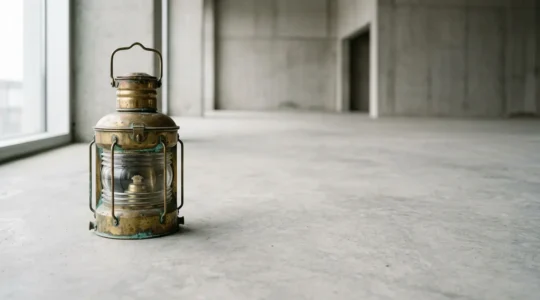 Lampe de navire antique en laiton massif avec détails patinés sur fond neutre