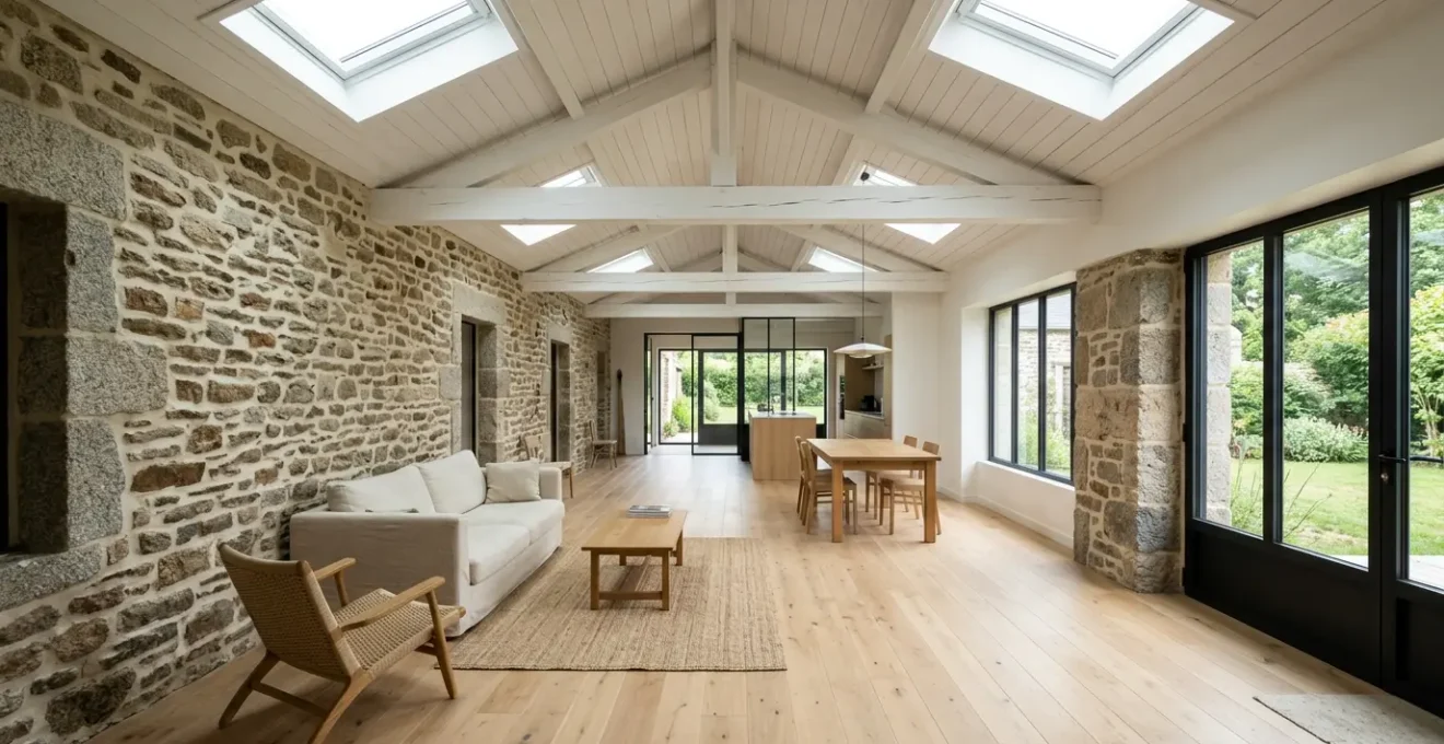 Intérieur lumineux d'une longère rénovée avec lumière naturelle
