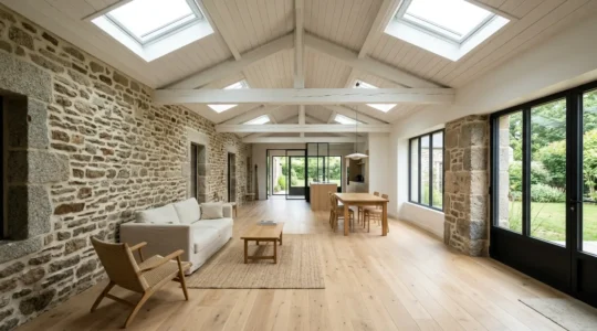 Intérieur lumineux d'une longère rénovée avec lumière naturelle