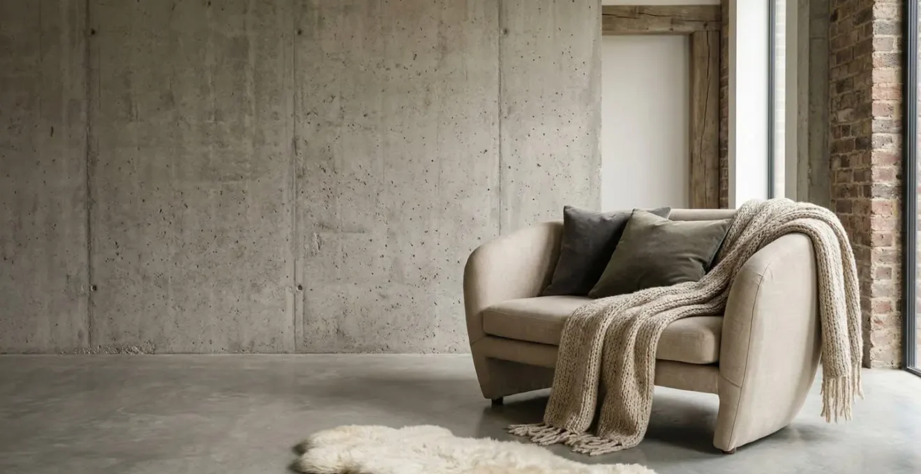 Intérieur moderne associant matériaux bruts et éléments textiles doux