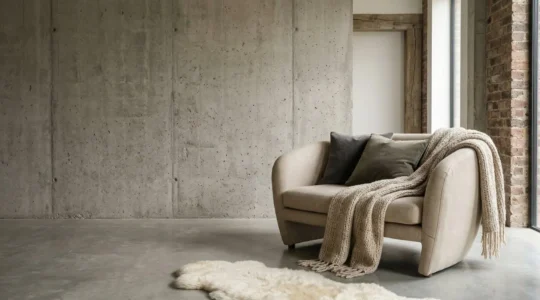 Intérieur moderne associant matériaux bruts et éléments textiles doux