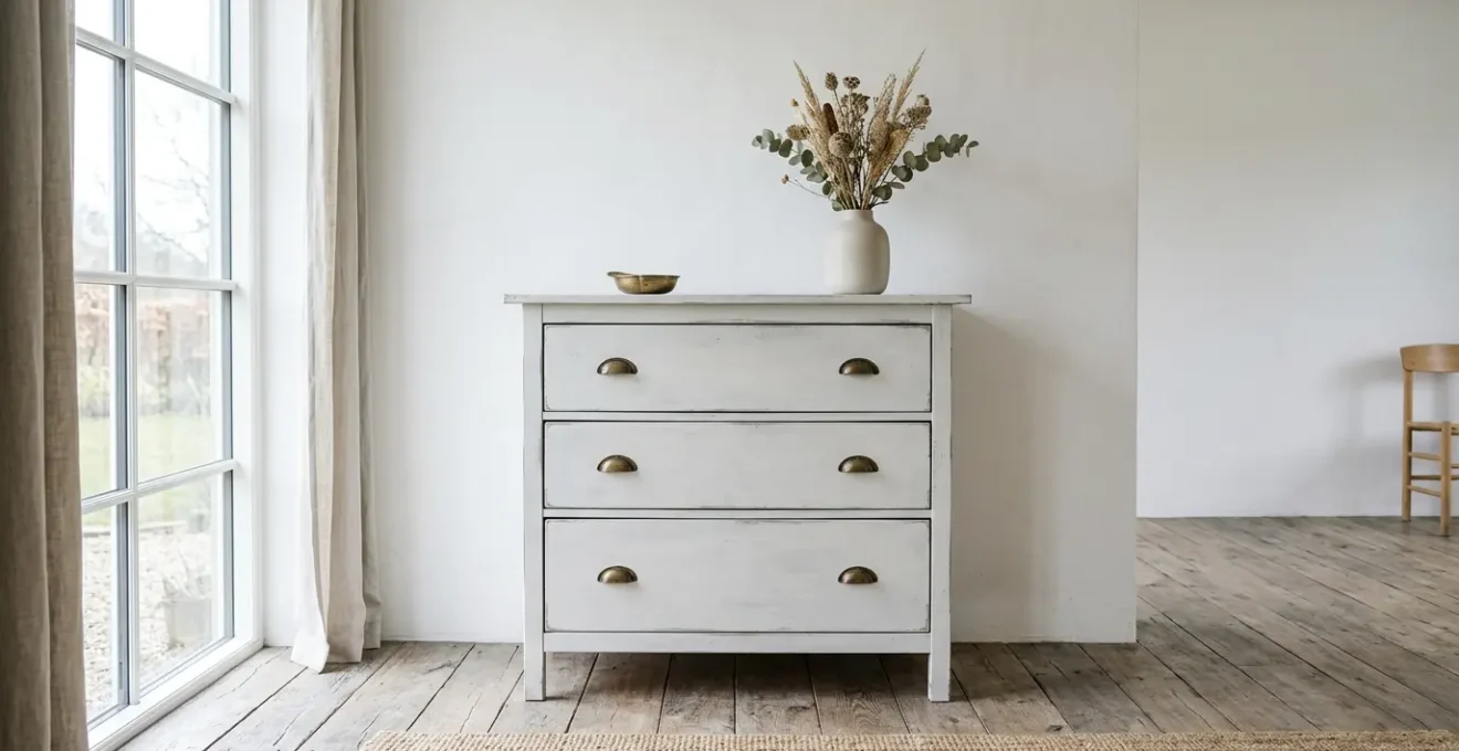 Commode Ikea transformée avec patine ancienne effet brocante dans un intérieur lumineux