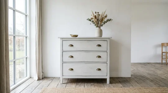 Commode Ikea transformée avec patine ancienne effet brocante dans un intérieur lumineux
