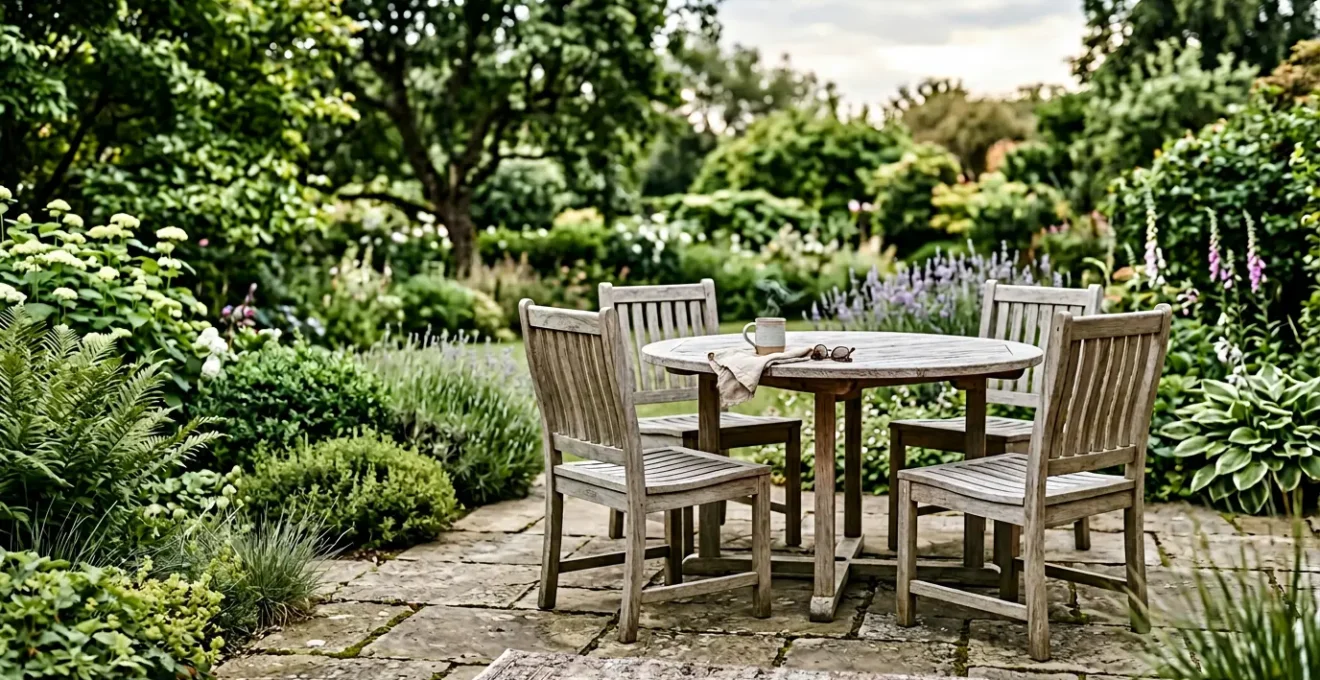 Salon de jardin en teck massif avec patine grise naturelle sur terrasse extérieure
