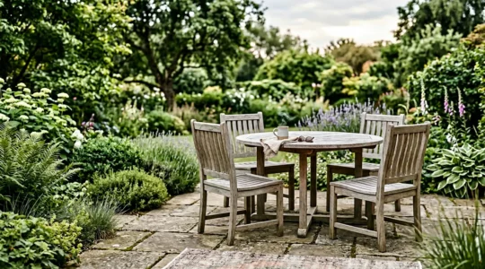 Salon de jardin en teck massif avec patine grise naturelle sur terrasse extérieure