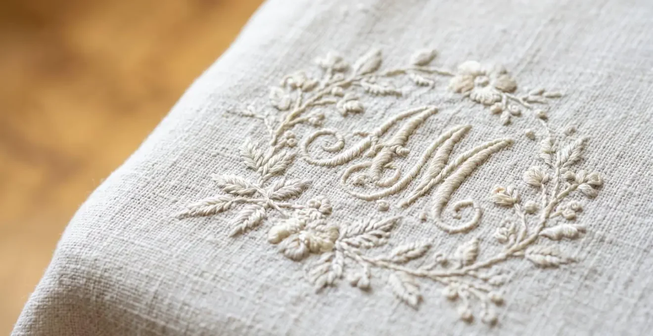 Nappe ancienne en lin blanc avec broderie délicate posée sur une table en bois
