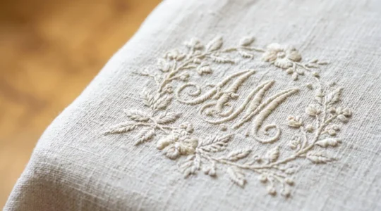 Nappe ancienne en lin blanc avec broderie délicate posée sur une table en bois