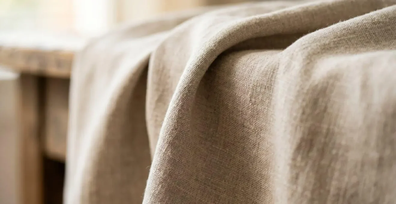 Gros plan macro sur le tombé fluide d'une nappe en lin avec texture visible