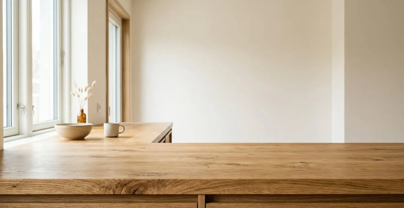 Gros plan sur un plan de travail en chêne massif dans une cuisine contemporaine avec texture du bois visible