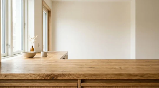 Gros plan sur un plan de travail en chêne massif dans une cuisine contemporaine avec texture du bois visible