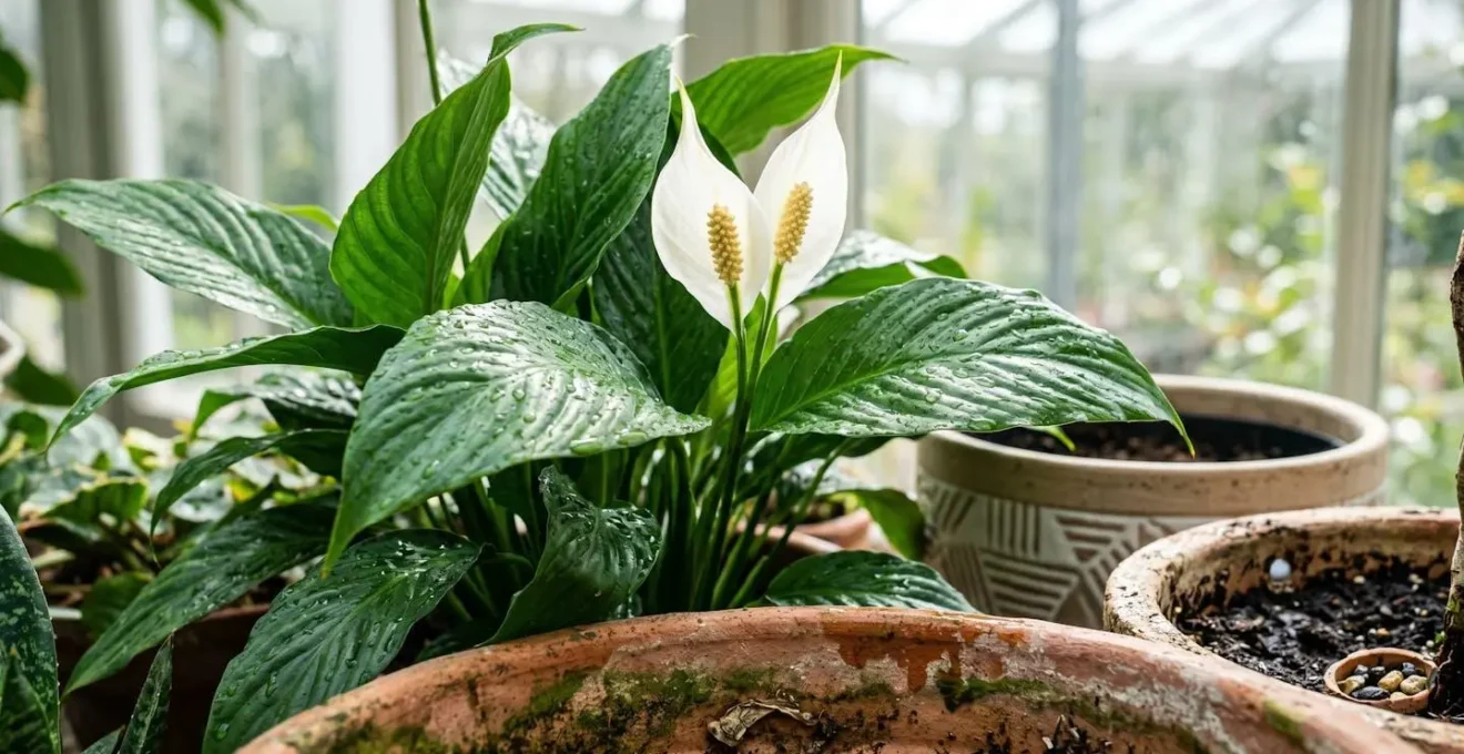 Plantes tropicales disposées dans un espace vitré avec système d'arrosage intelligent et matériaux naturels
