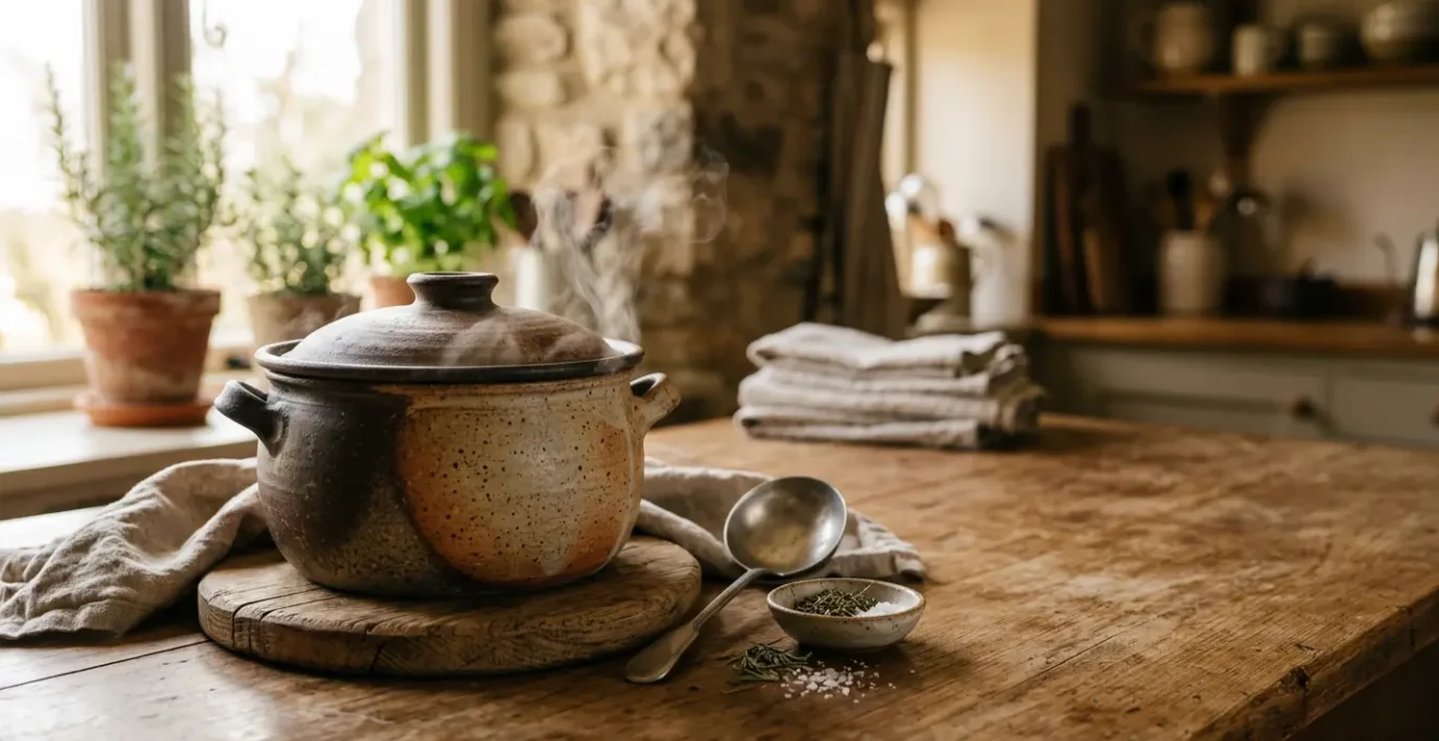 Cocotte en grès fumante posée sur une table en bois avec plat mijoté traditionnel