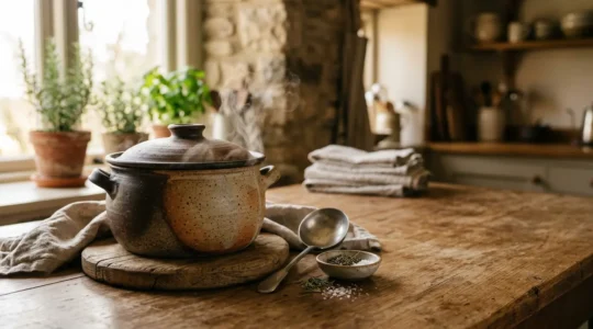 Cocotte en grès fumante posée sur une table en bois avec plat mijoté traditionnel