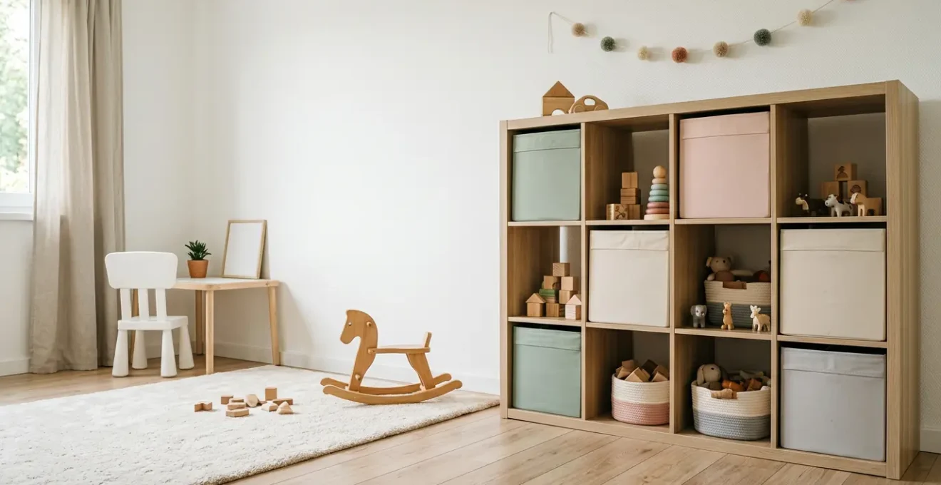 Système de rangement modulaire avec casiers cubiques dans une chambre d'enfant favorisant l'autonomie et l'organisation