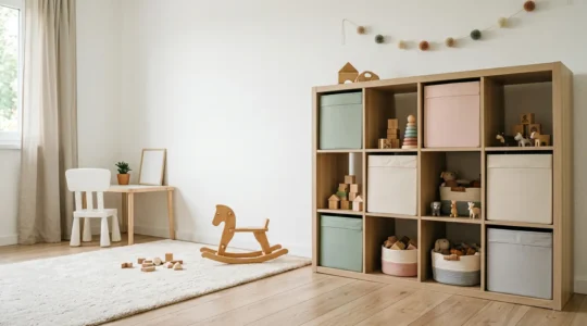 Système de rangement modulaire avec casiers cubiques dans une chambre d'enfant favorisant l'autonomie et l'organisation