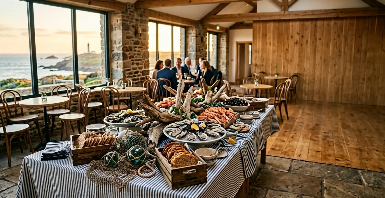 Ambiance festive d'une réception thématique bretonne avec buffet froid et décoration marine authentique