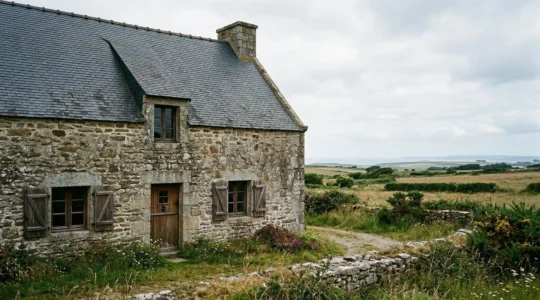 Façade traditionnelle en granit breton avec détails de pierre et toiture en ardoise illustrant l'architecture authentique