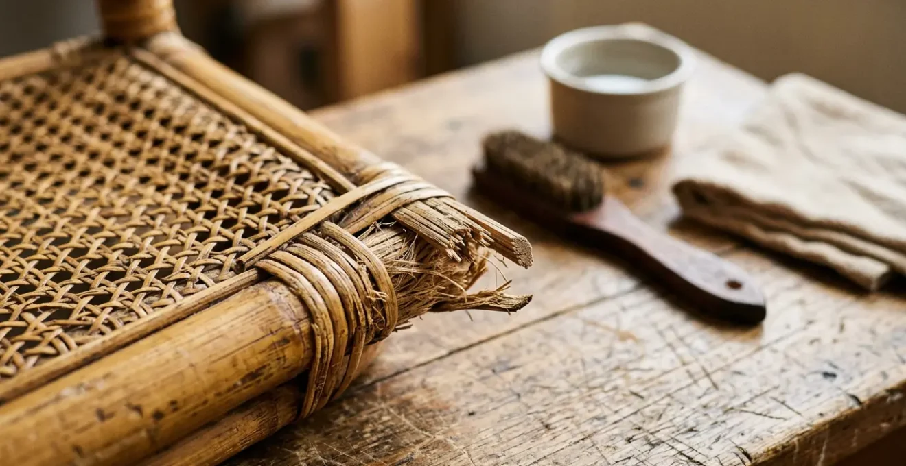 Gros plan détaillé sur une ligature cassée de fauteuil en rotin vintage avec outils de réparation simples posés à proximité