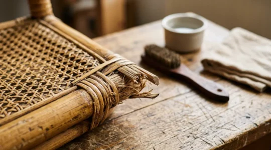 Gros plan détaillé sur une ligature cassée de fauteuil en rotin vintage avec outils de réparation simples posés à proximité