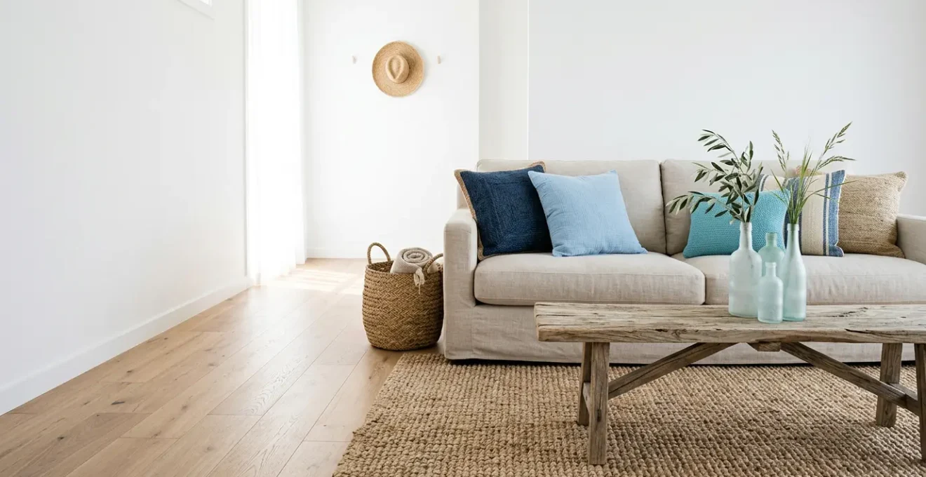 Salon lumineux décoré dans un style bord de mer avec coussins en lin bleus et éléments naturels