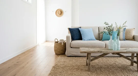 Salon lumineux décoré dans un style bord de mer avec coussins en lin bleus et éléments naturels