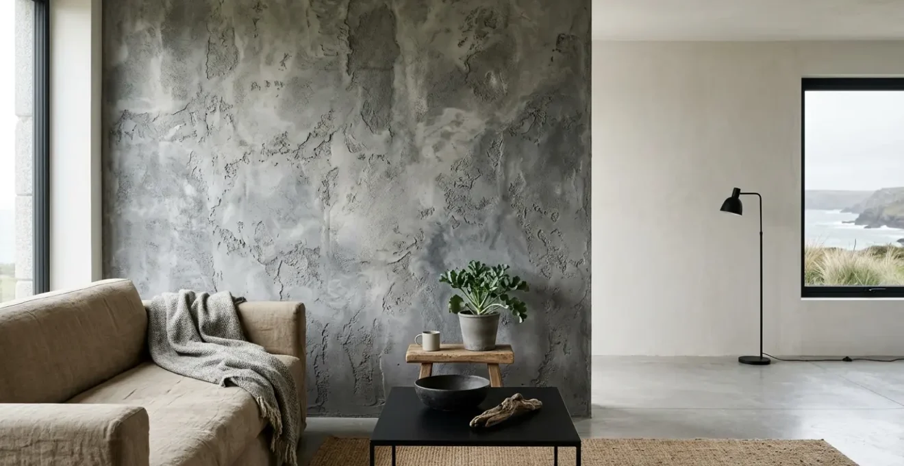 Salon au style minéral inspiré du Finistère Nord avec mur texturé façon granit érodé et palette de gris profonds