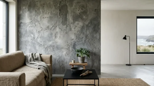 Salon au style minéral inspiré du Finistère Nord avec mur texturé façon granit érodé et palette de gris profonds
