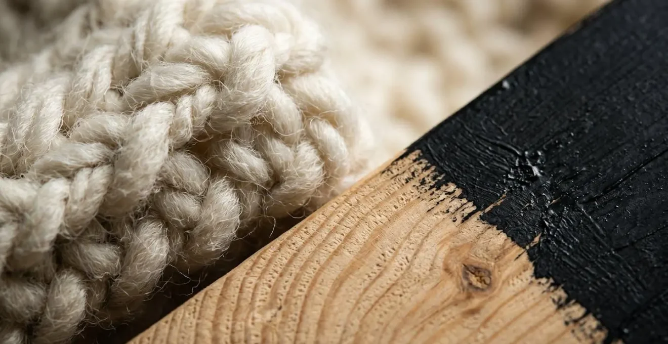 Détail macro de textiles contrastés noir et blanc avec une matière naturelle comme le bois clair pour apporter de la chaleur