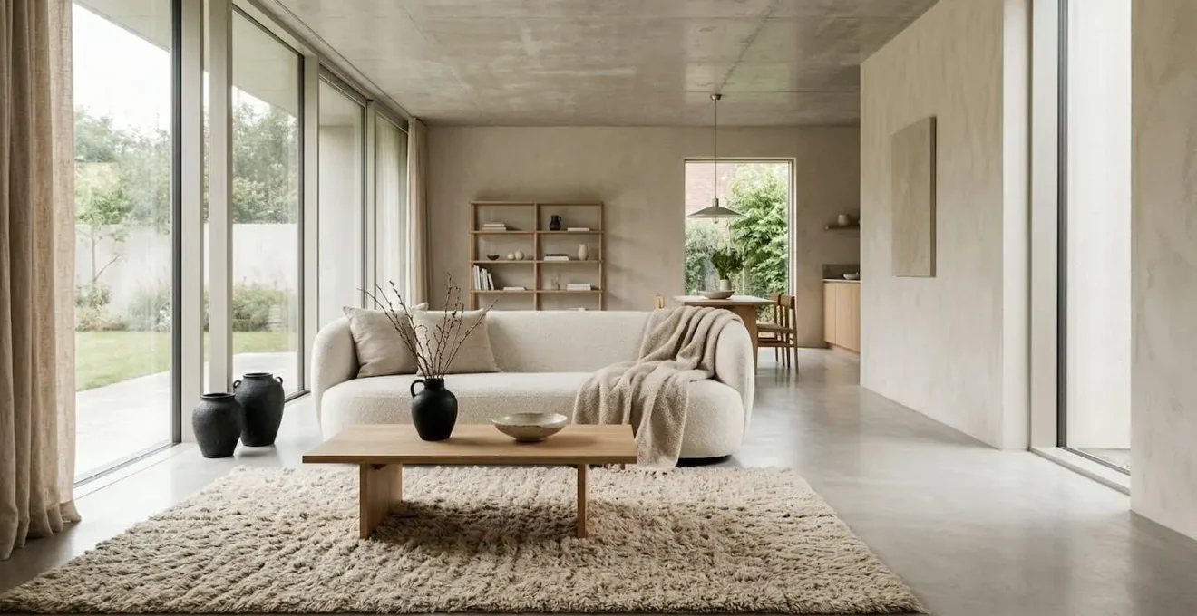 Grand salon ouvert aux tons beige et sable avec textures variées et éclairage naturel chaleureux