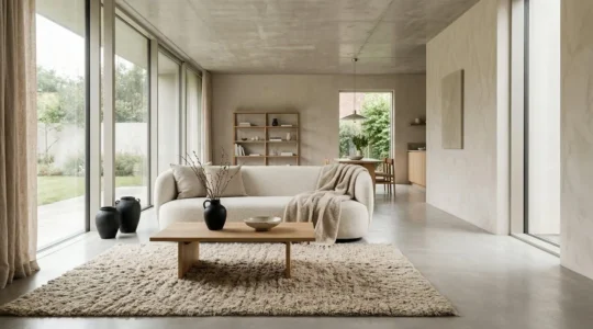 Grand salon ouvert aux tons beige et sable avec textures variées et éclairage naturel chaleureux