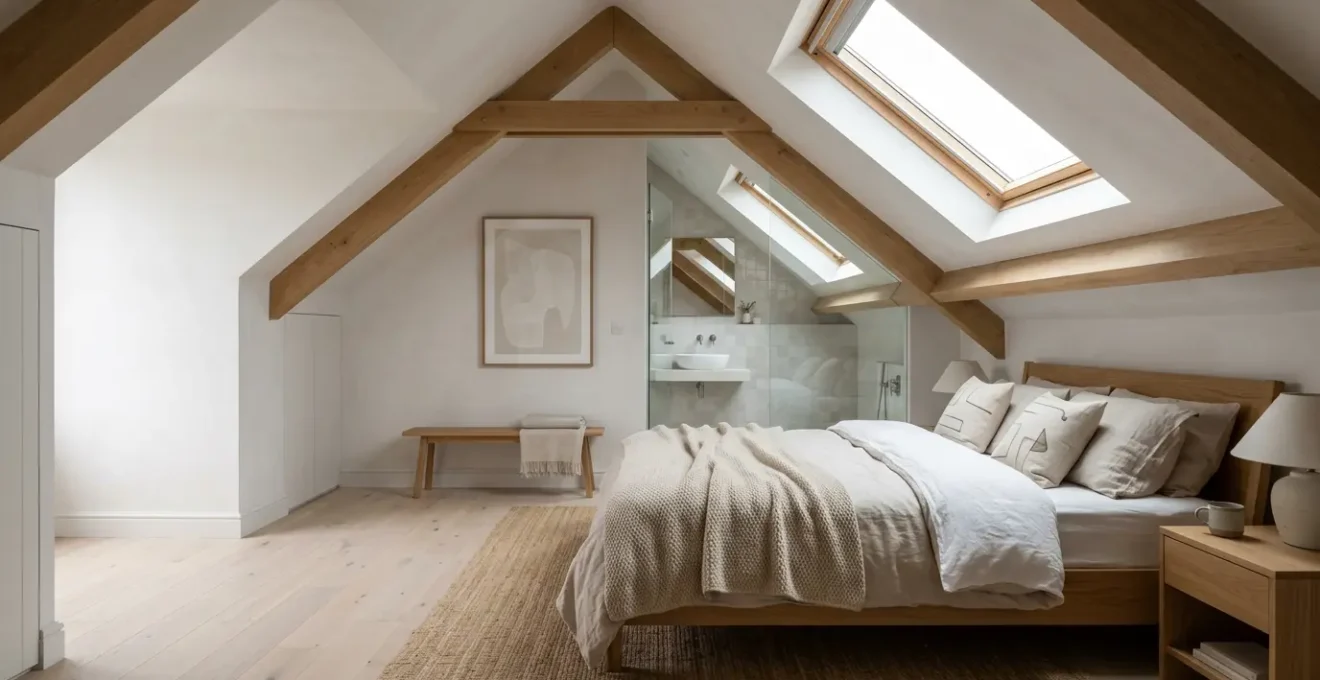 Suite parentale élégante aménagée sous les combles avec poutres apparentes et lumière naturelle
