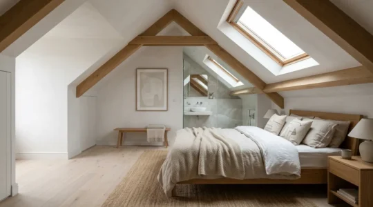 Suite parentale élégante aménagée sous les combles avec poutres apparentes et lumière naturelle