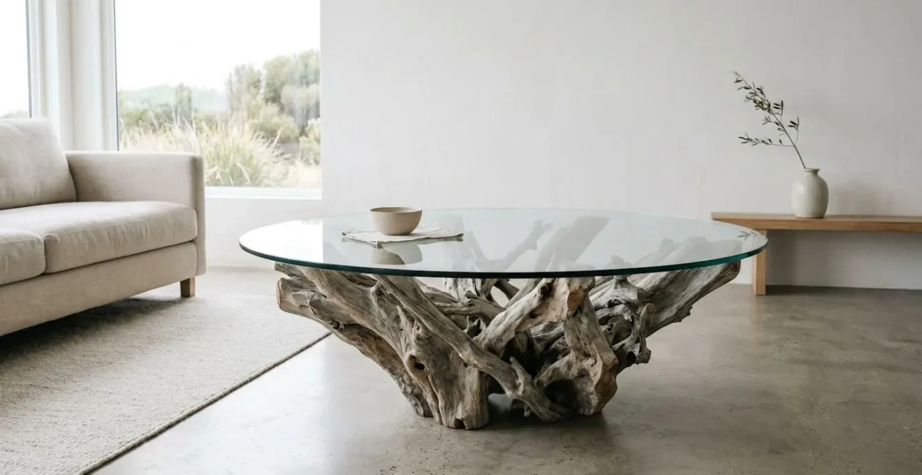 Table basse contemporaine en bois flotté avec plateau en verre, mettant en valeur la structure naturelle du bois et l'équilibre architectural