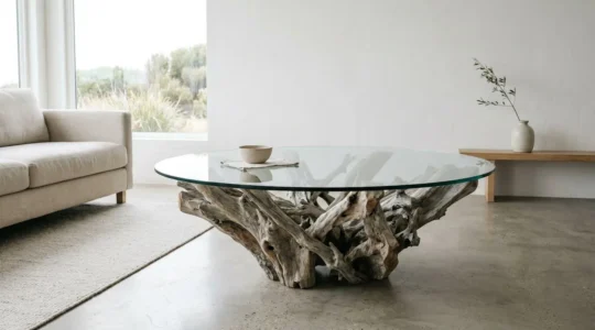 Table basse contemporaine en bois flotté avec plateau en verre, mettant en valeur la structure naturelle du bois et l'équilibre architectural